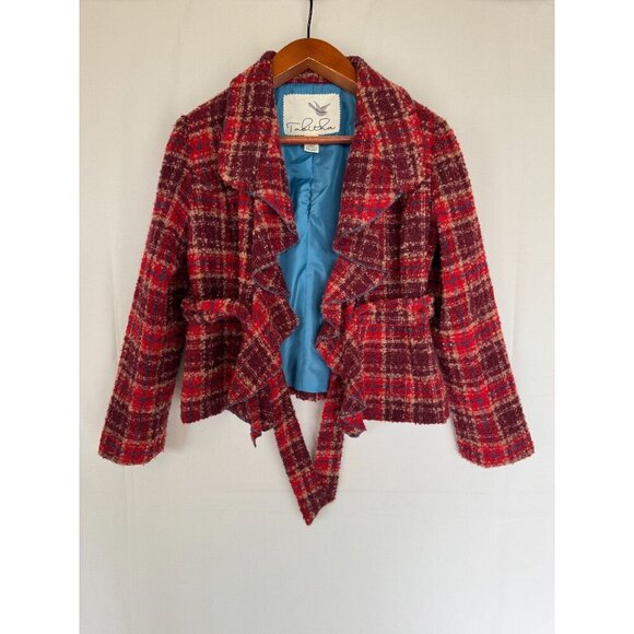 Anthropologie Tabitha Moretown Burgundy Red Blue Plaid Belted Blazer Size 12 - Picture 4 of 15